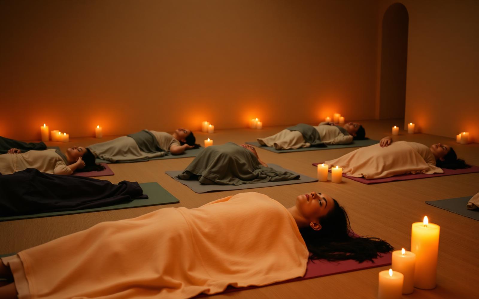 Participants resting under blankets during a group hypnotherapy experience